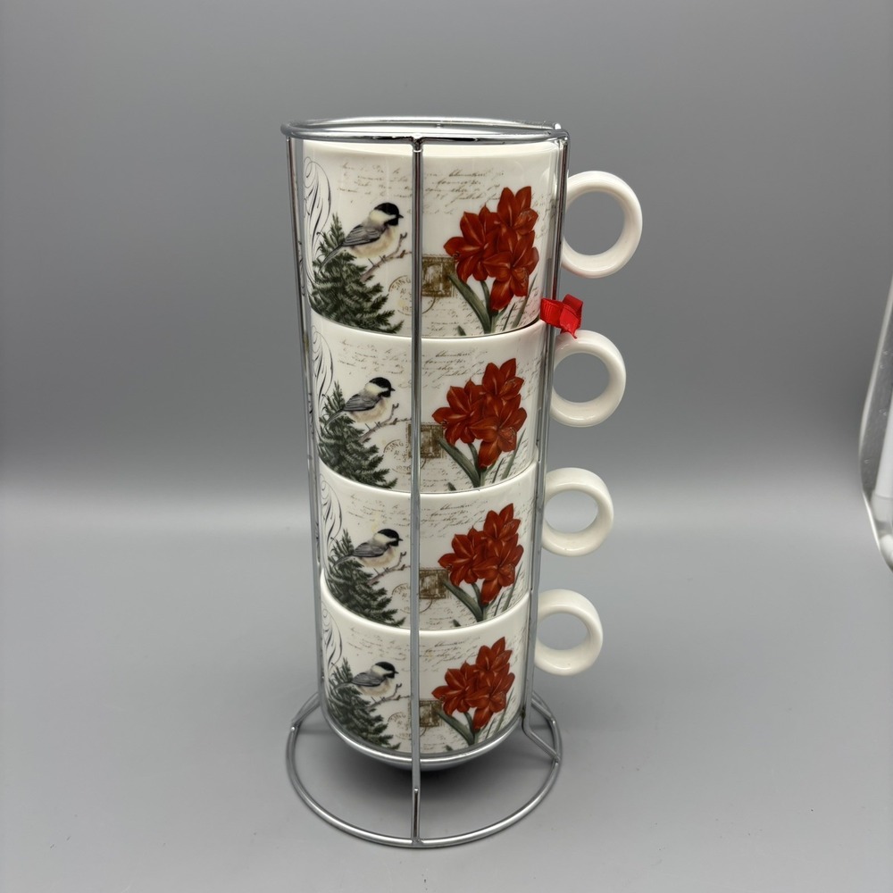 Grace's Teaware Stacking Cups Mugs Winter‎ Cheer Bird AMARYLLIS & CHICKADEE